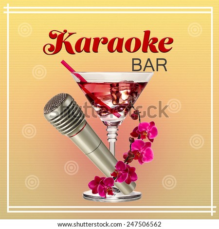 Silver microphone and cocktail on color background, Karaoke bar concept