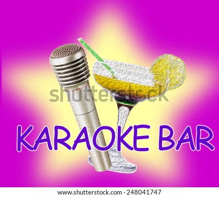 Retro microphone and cocktail on bright color background, Karaoke bar concept