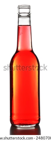 Colorful alcoholic beverage in glass bottle isolated on white
