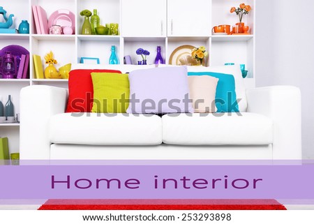 Modern interior design. White living room with sofa and bookcase. Home interior concept