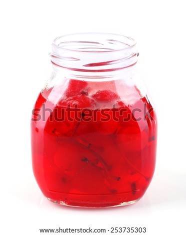 Homemade jar of red maraschino cherry isolated on white background