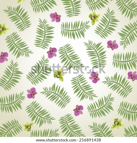 Orchid flowers and palm leaves as wallpaper
