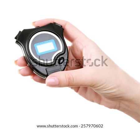 Electronic sport timer in  female hand isolated on white