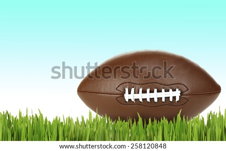 American football on green grass on blue background