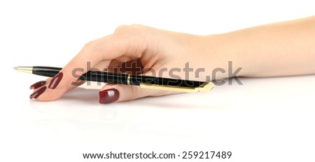 Ballpoint pen in female hand isolated on white
