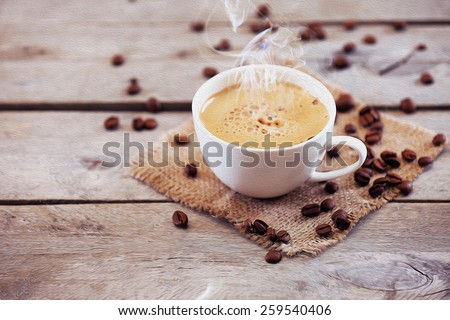 Cup of coffee on wooden table, close up