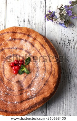 Tasty homemade pie on table