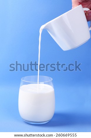 Pours milk in glass on blue background