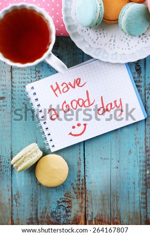 Composition with good morning top view on wooden background