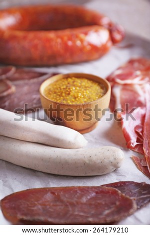 Assortment of deli meats on parchment background