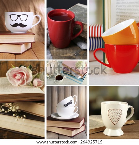 Books and cups compositions in collage