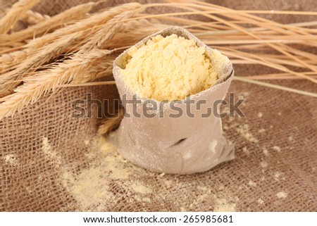 Flour in bag with wheat ears on burlap cloth, closeup