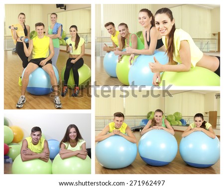 Collage of photos with young people training with gymnastic ball in gym