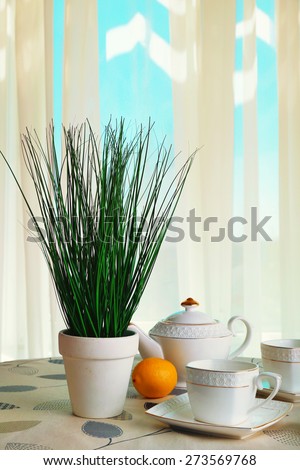Green plant with teapot, cups and lemons on table on curtains background