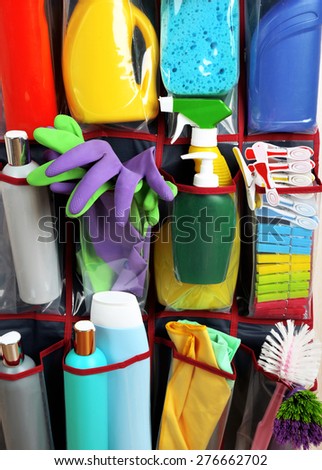 Household chemicals in holder, closeup