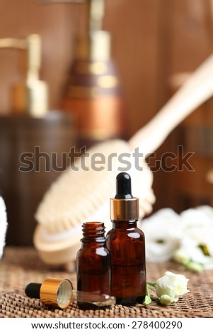 Beautiful spa composition with aroma oil on table close up