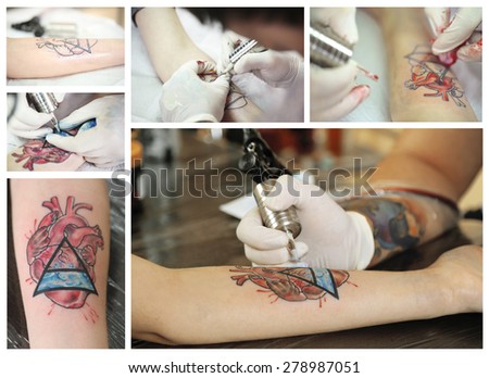 Collage of tattoo artist at work