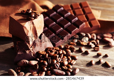 Still life with set of chocolate with coffee grains, closeup