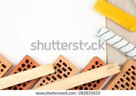 Still life with building tools and materials with space for text