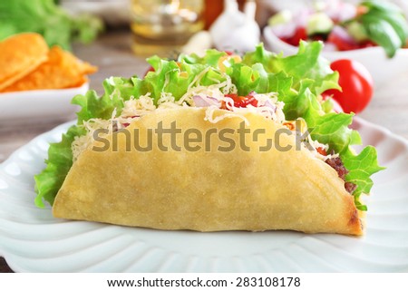 Tasty taco on plate close up