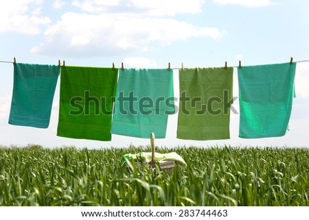 Laundry line with towels in spring field