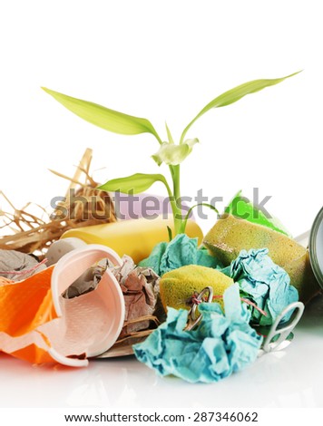Pile of rubbish with plant isolated on white