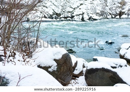 Winter landscape of trees and river with snow