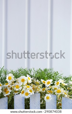 Beautiful bouquet of daisies in ornamental flowerpot on wooden background