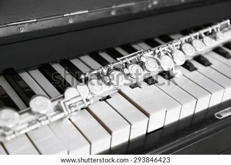 Flute on piano keys, closeup