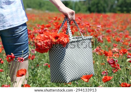Woman holding bag with red poppy flowers over poppy field background