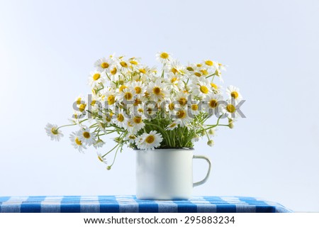 Beautiful bouquet of daisies in cup on light background