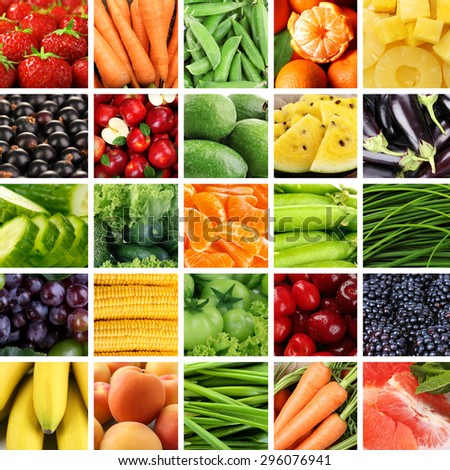 Collage with tasty fruits and vegetables