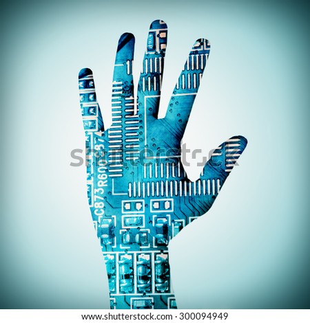 Human palm with microchip picture on it on bright color background
