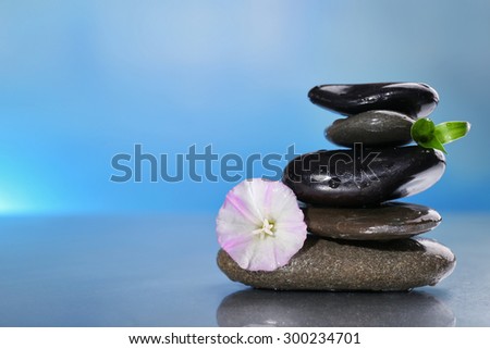 Stack of spa stones with green leaves and flower on colorful blurred background