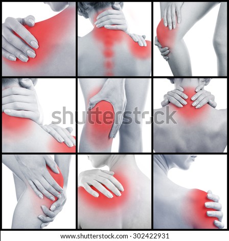 Collage representing woman having pain at several part of body
