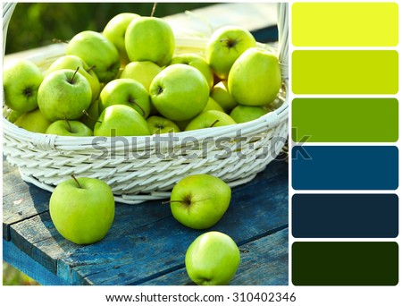 Green apples with bouquet of wildflowers and palette of colors