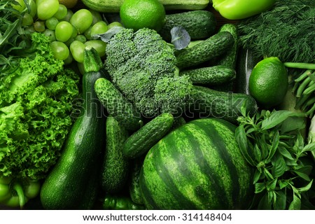 Green fruits and vegetables background