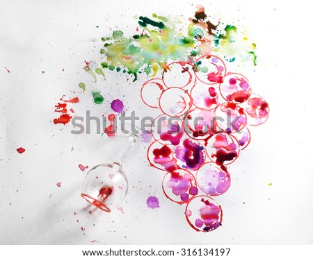 Grapes painted with wine and watercolors and wineglass of spilled wine on paper background