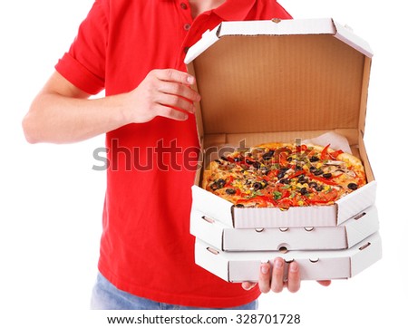Delivery boy with cardboard pizza boxes isolated on white