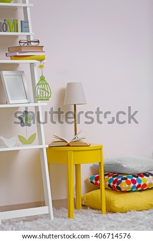 Vivid home interior with yellow coffee table and decorations