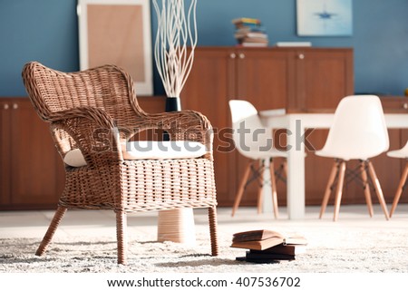 Design interior of living room with wicker chair