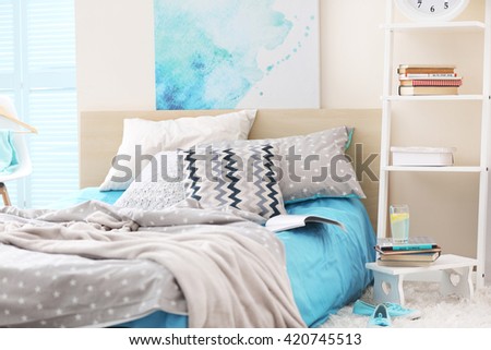 Modern room interior with big bed
