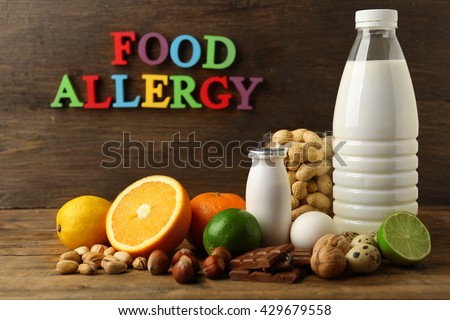 Allergy food concept. Allergic food on wooden background