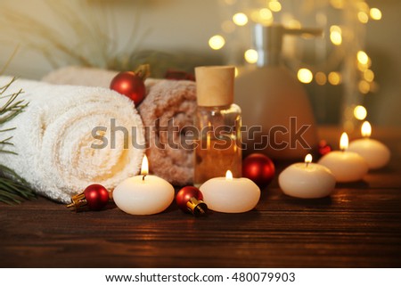 Christmas spa set on wooden table
