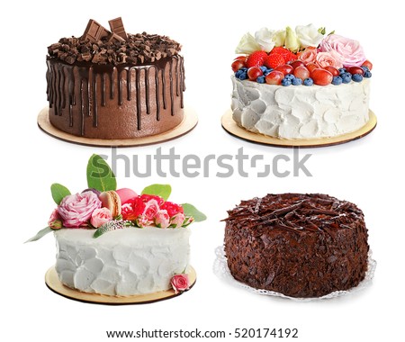 Set of different delicious cakes on white background