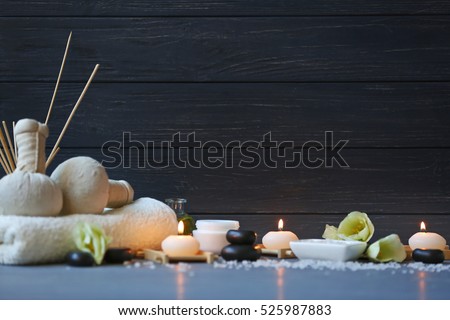 Spa treatments on blue wooden table