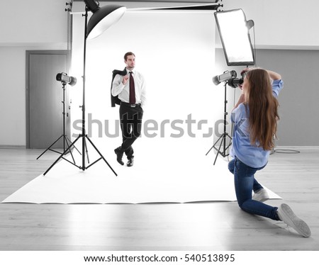Photographer taking picture of  model in studio