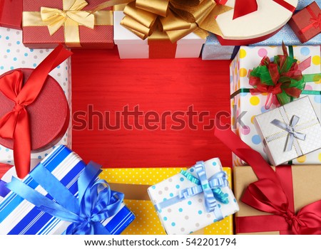 Set of gift boxes on color background
