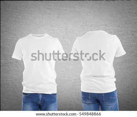 Different views of male t-shirt on gray background
