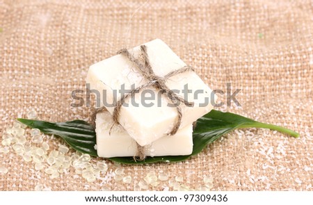 Hand-made herbal soap on sackcloth